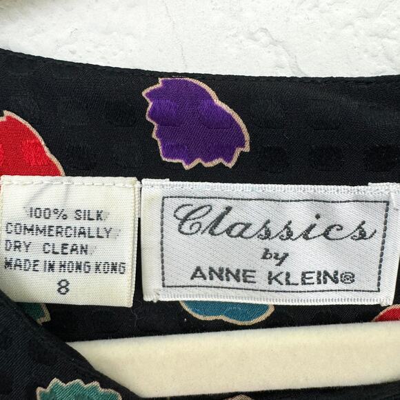 Anne Klein Women Vintage 100%  Silk Midi Dress Size 8 Leaves Classic Black Print - Picture 2 of 11